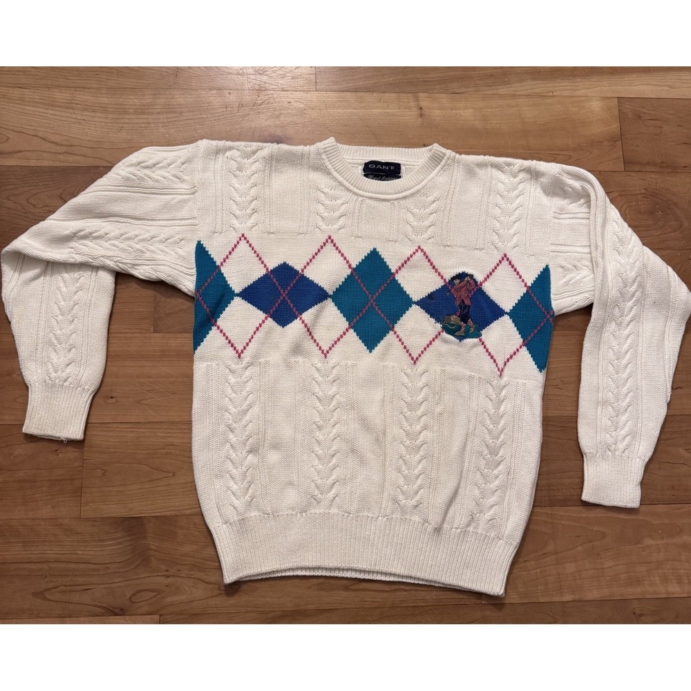 GANT Hand Intarsia Cableknit Golf Sweater Embroidered Argyle Size M Preowned VTG